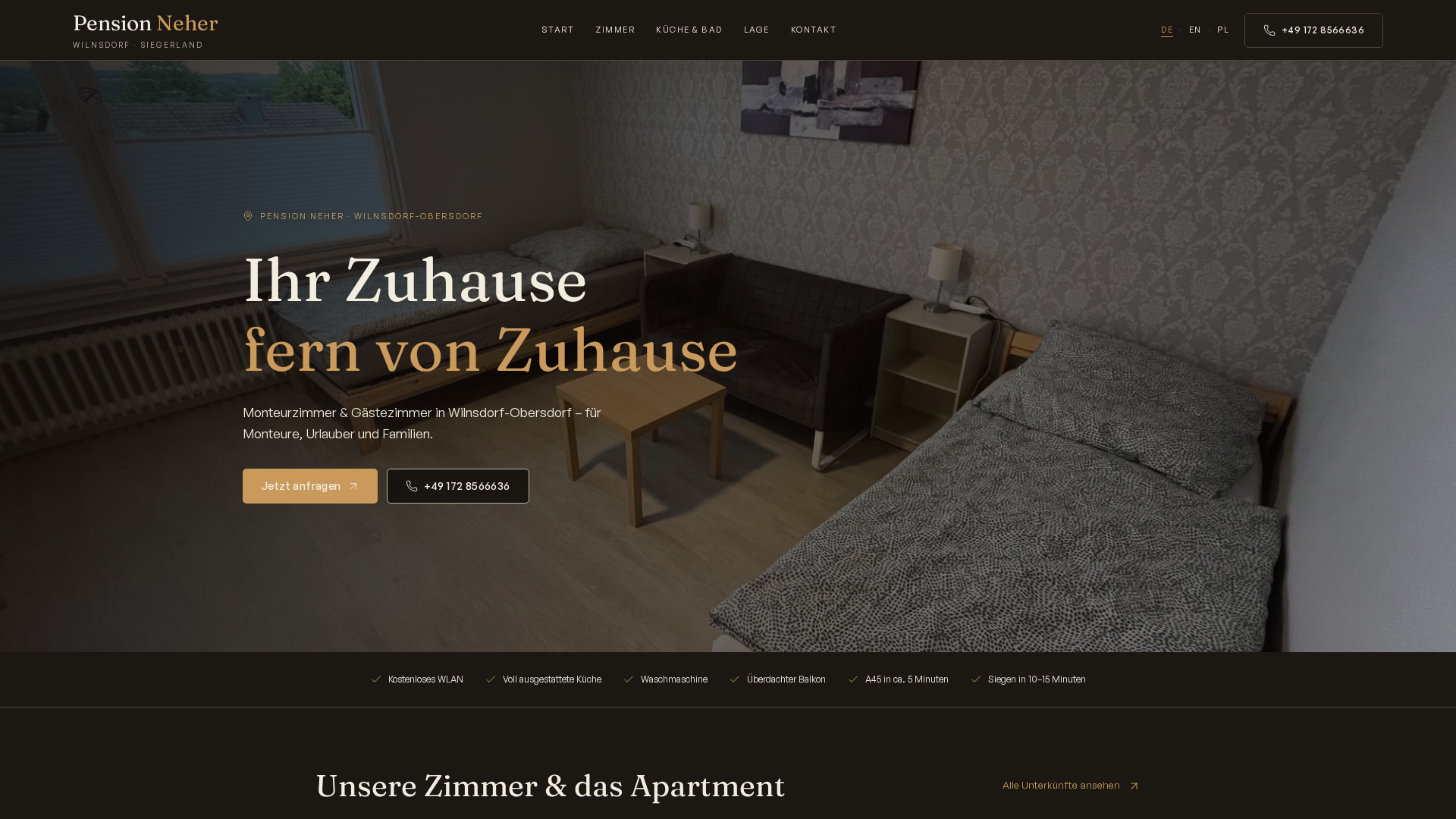 Startseite der Website von Pension Neher mit Foto eines Gästezimmers